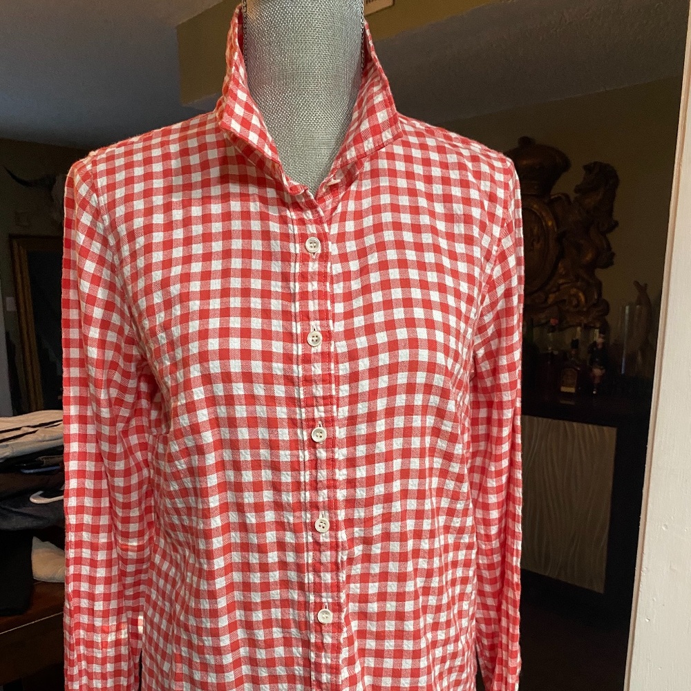 J Crew Perfect Shirt Orange Gingham Print Size 6